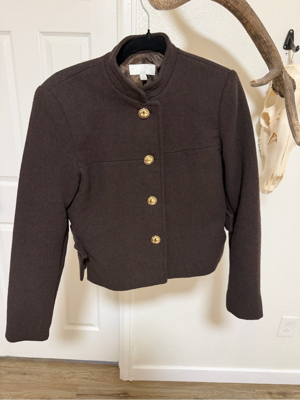 Zara Cropped Dark Brown Wool Blazer with Gold Buttons